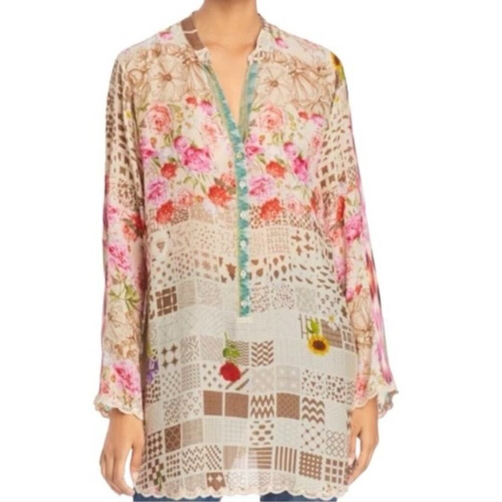 Johnny Was Janice patchwork printed tunic top crochet floral boho blouse